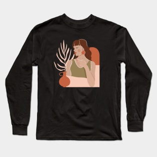 Abstract woman portrait, vase, palm leaf and geometric elements. Mid Century graphic portrait. Long Sleeve T-Shirt